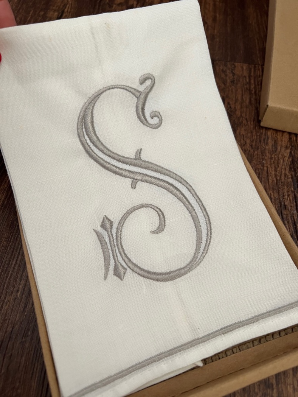 Monogrammed 'S' Embroidered White Linen Handkerchief- Silver Stitching